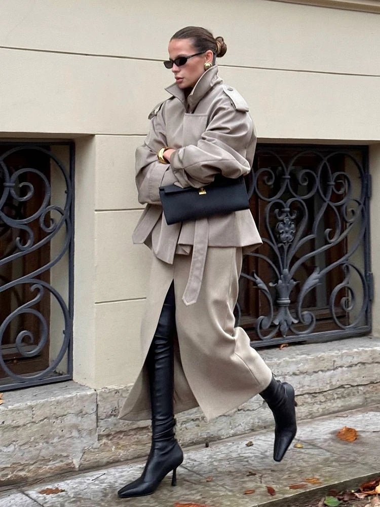 Belted Waist Cropped Trench Coat for Women - Double Breasted Stand Collar Autumn Elegant Vintage Jacket