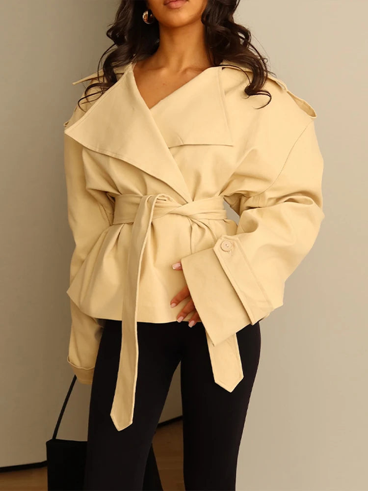 Belted Waist Cropped Trench Coat for Women - Double Breasted Stand Collar Autumn Elegant Vintage Jacket 8