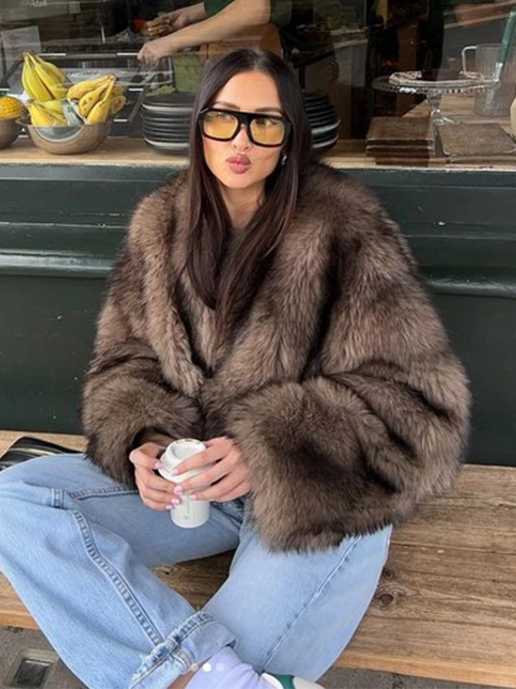 Elegant V-Neck Faux Fur Coat for Women with Covered Button Closure 3