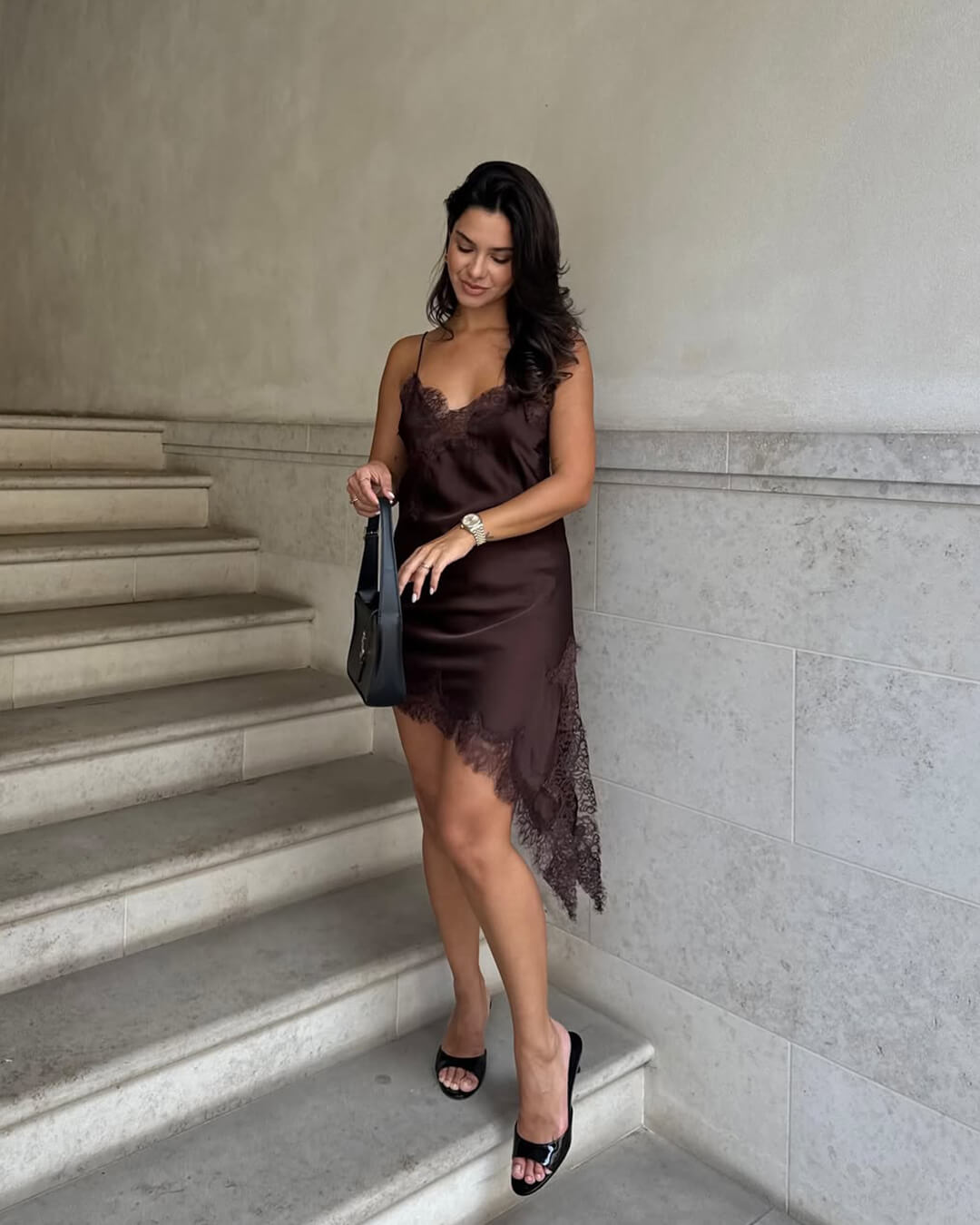 Soera Arah Asymmetric Satin Lace Midi Dress