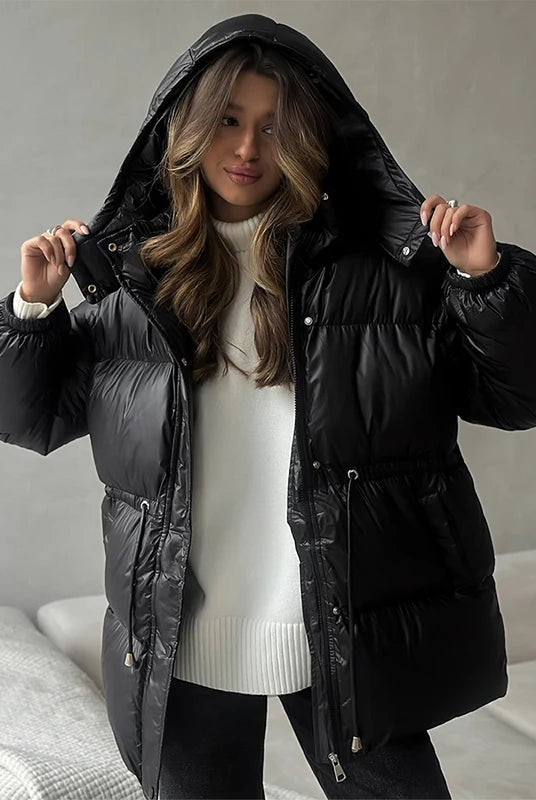 Women's Black Puffer Jacket - Hooded Down Winter Coat with Drawstring Waist 1