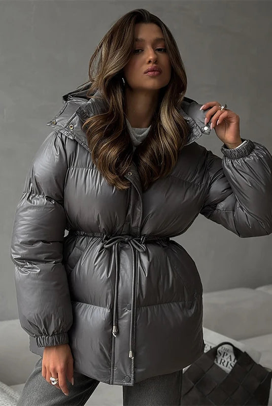 Women's Black Puffer Jacket - Hooded Down Winter Coat with Drawstring Waist 2