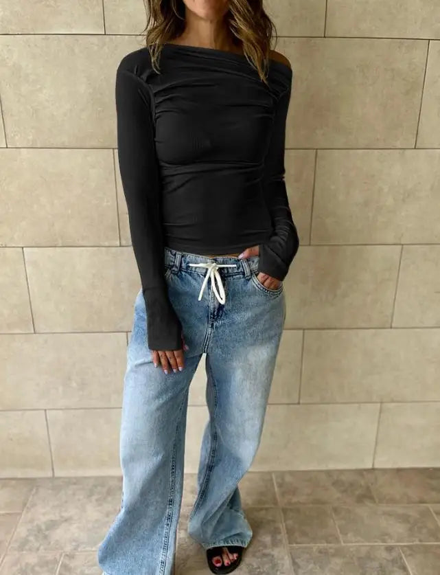 Women's Long Sleeve Crop Top - Casual Off-Shoulder Ruched T-Shirt 7