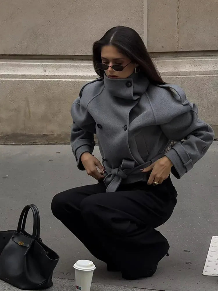 Woolen Trench Coat for Women - Stylish Double Breasted Long Sleeve Wool Womens Trench Coat with Stand Collar and Lace-Up Detail 2