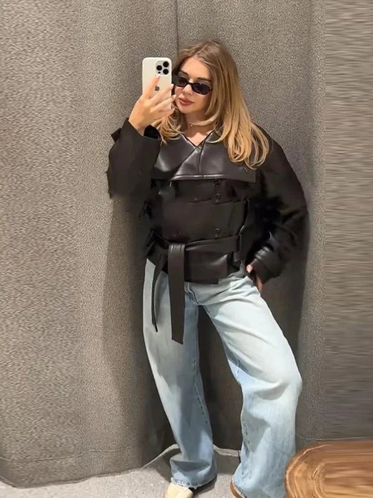 SEAME - Sandra - Women's Leather Jacket with Double Breasted Design & Fashion Belt Black S