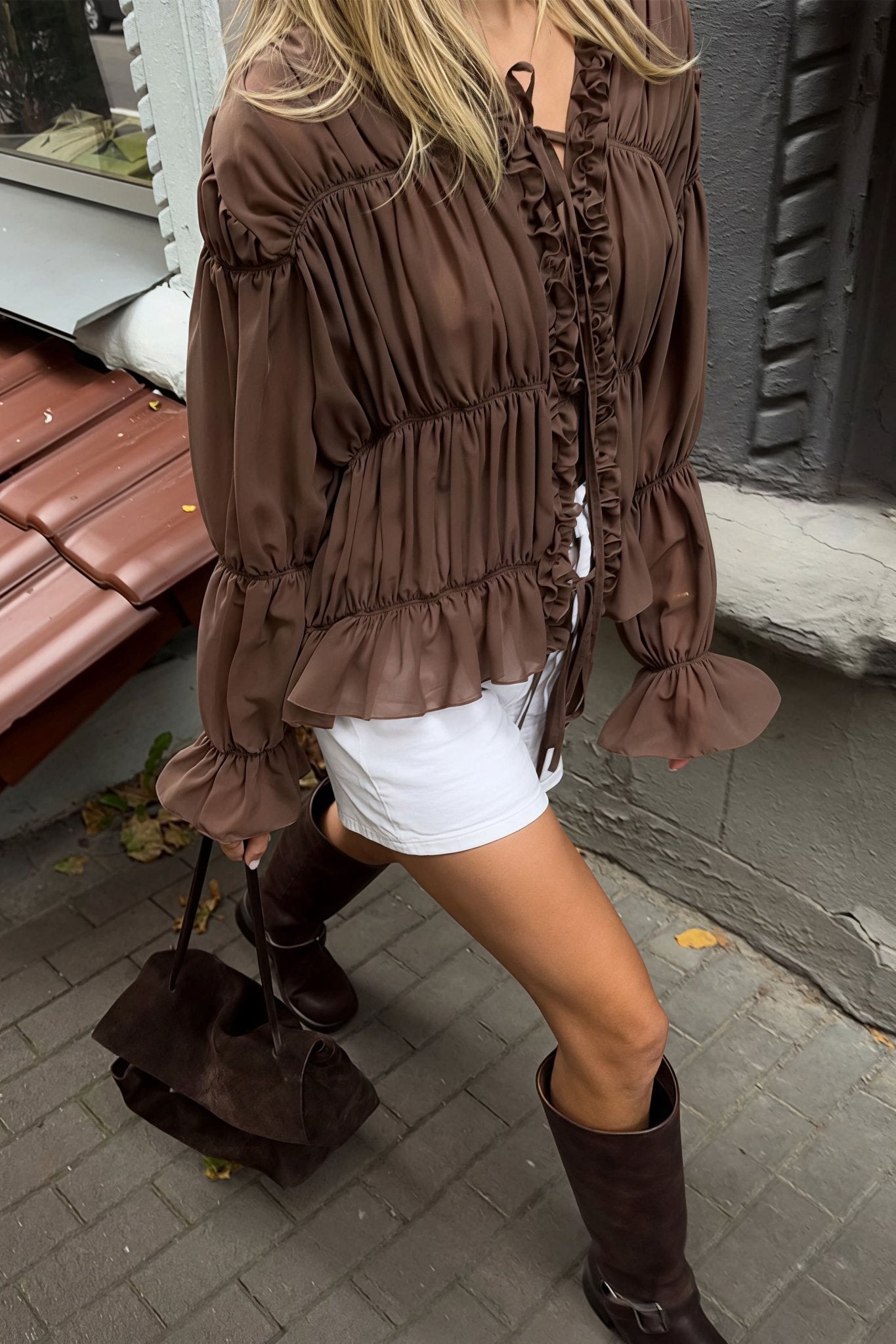 SOERA Beatrice Ruched Ruffle Tie Blouse - Blouse - Brown L
