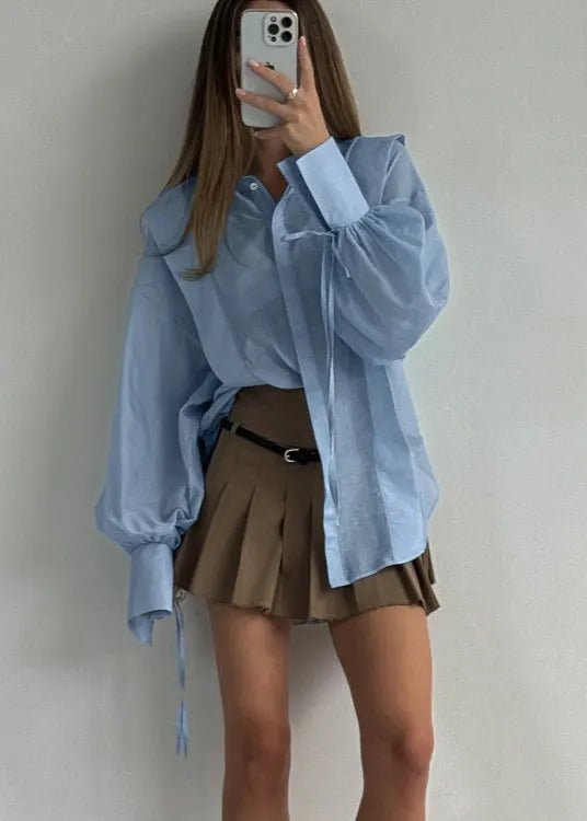 SOERA Isabella Oversized Ribbon - Tie Puff Sleeve Shirt - Blouse - Blue M
