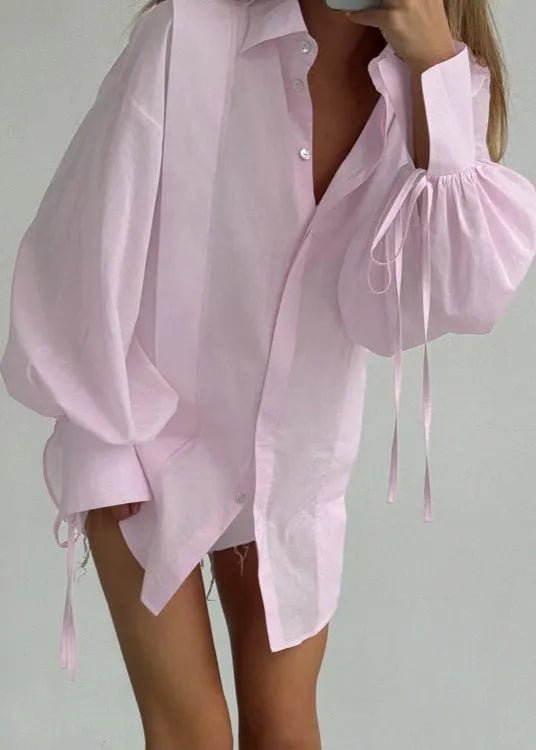 SOERA Isabella Oversized Ribbon - Tie Puff Sleeve Shirt - Blouse - Pink M