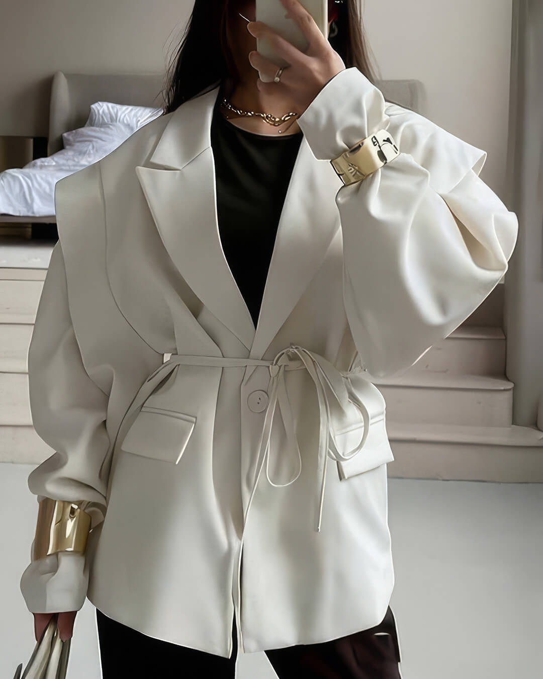 SOERA Leandra Wide Sleeves Belted Blazer - Coats & Jackets - White S