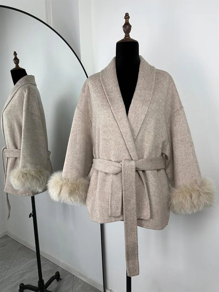 SOERA Wool Wrap Coat with Fox Fur Cuff - Coats & Jackets - 3256809512722732-;qf1766845283309419072 Short Burgundy L