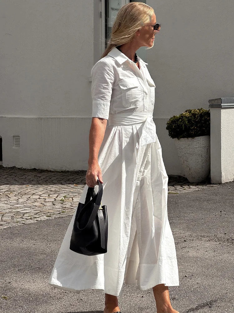 SOERA Beatrice Belted Shirt Midi Dress - Dress - White L