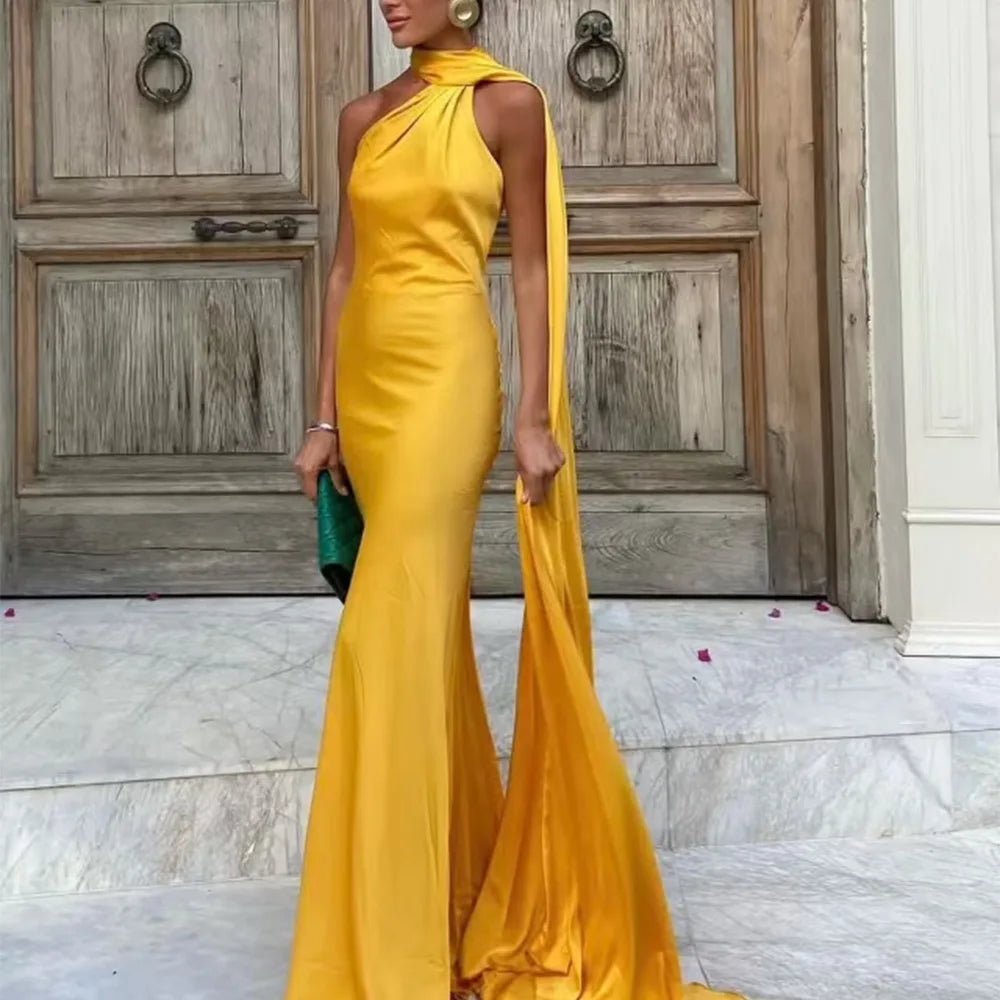 SOERA Beatrice Halter Backless Silk Satin Maxi Dress - Dress - Yellow S