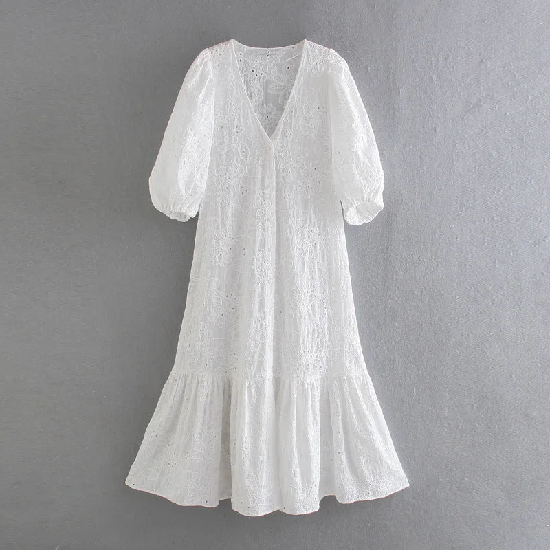 SOERA Beatrice V - Neck Embroidered Maxi Dress - Dress - White XS