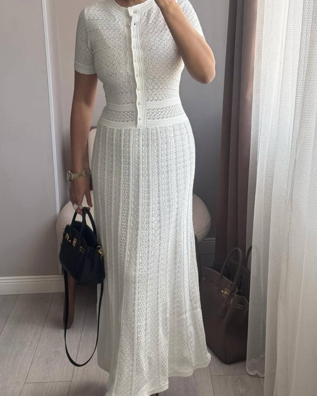 SOERA Celeste Half Button Knitted Midi Dress - Dress - White XS