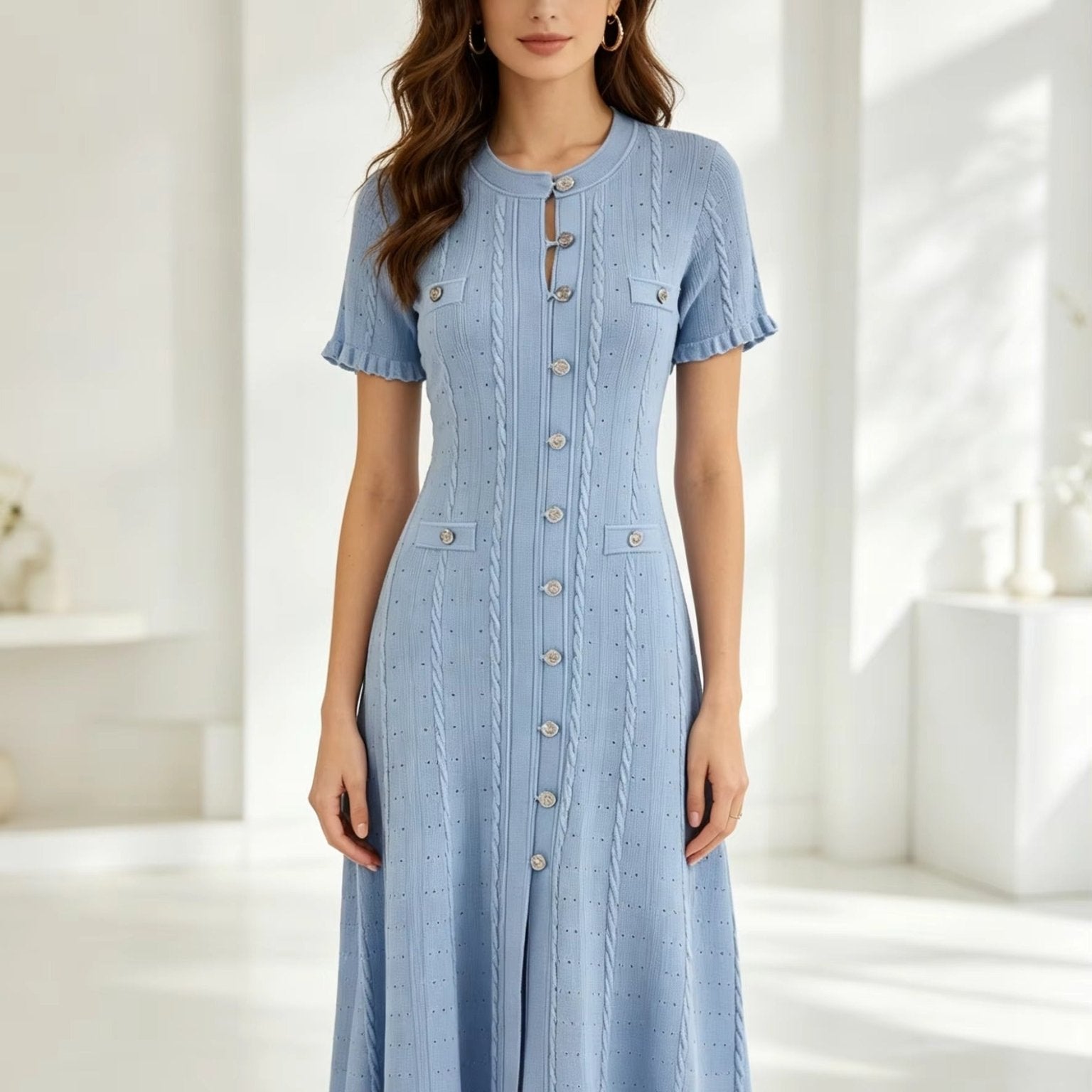 SOERA Erlinda Button - Front Knit Midi Dress - Dress - Blue XS
