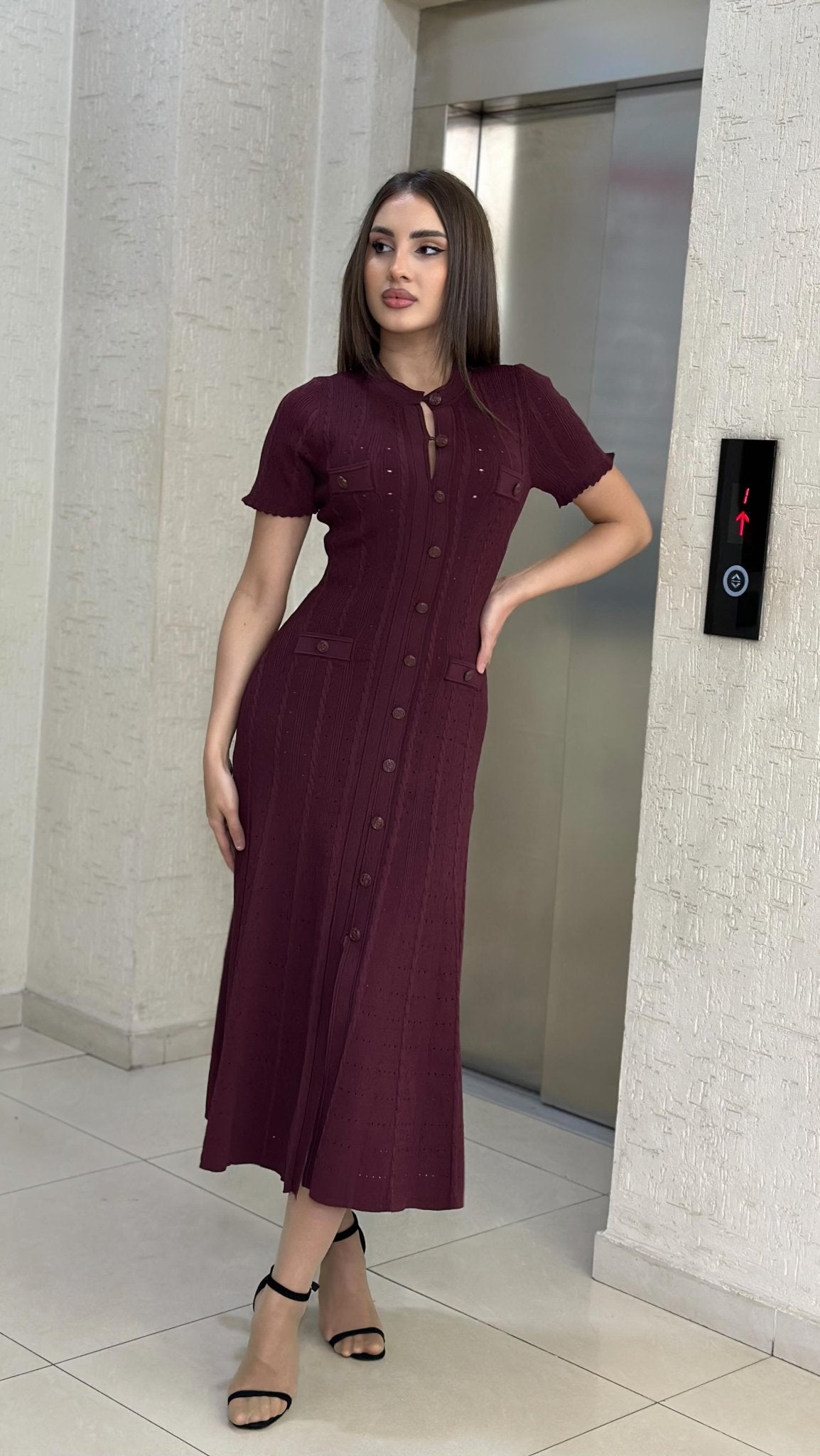 SOERA Erlinda Button - Front Knit Midi Dress - Dress - Burgundy M
