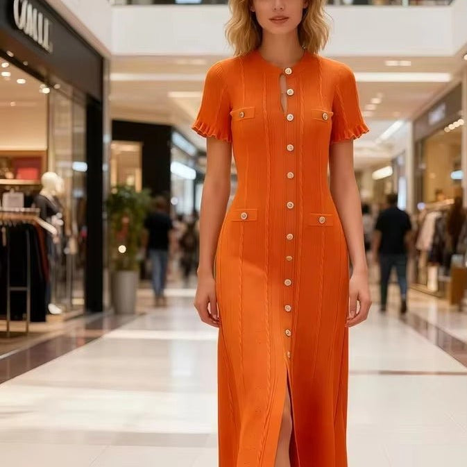 SOERA Erlinda Button - Front Knit Midi Dress - Dress - Orange XS