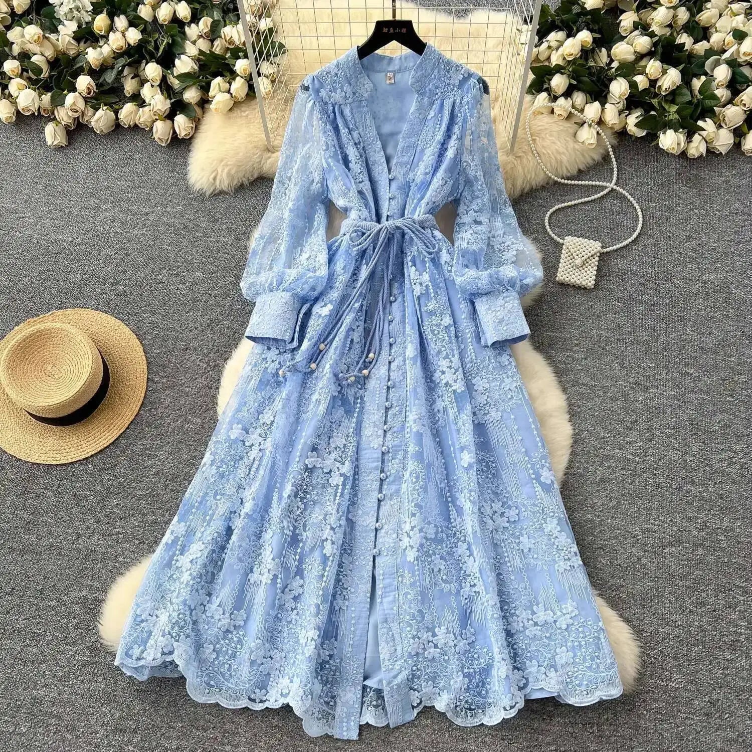 SOERA Jenina Embroidered Pearl Midi Dress - Dress - Blue S