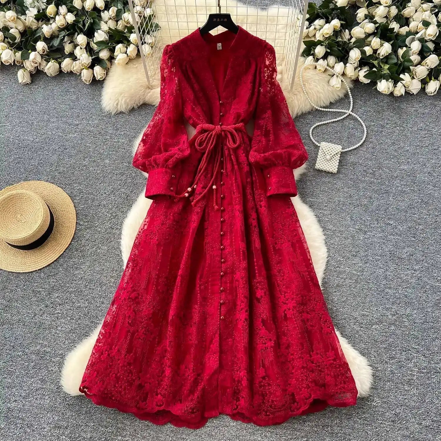 SOERA Jenina Embroidered Pearl Midi Dress - Dress - Red S
