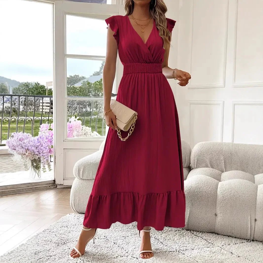 SOERA Livia Black V - Neck Ruffle Swing Dress - Dress - Wine Red S