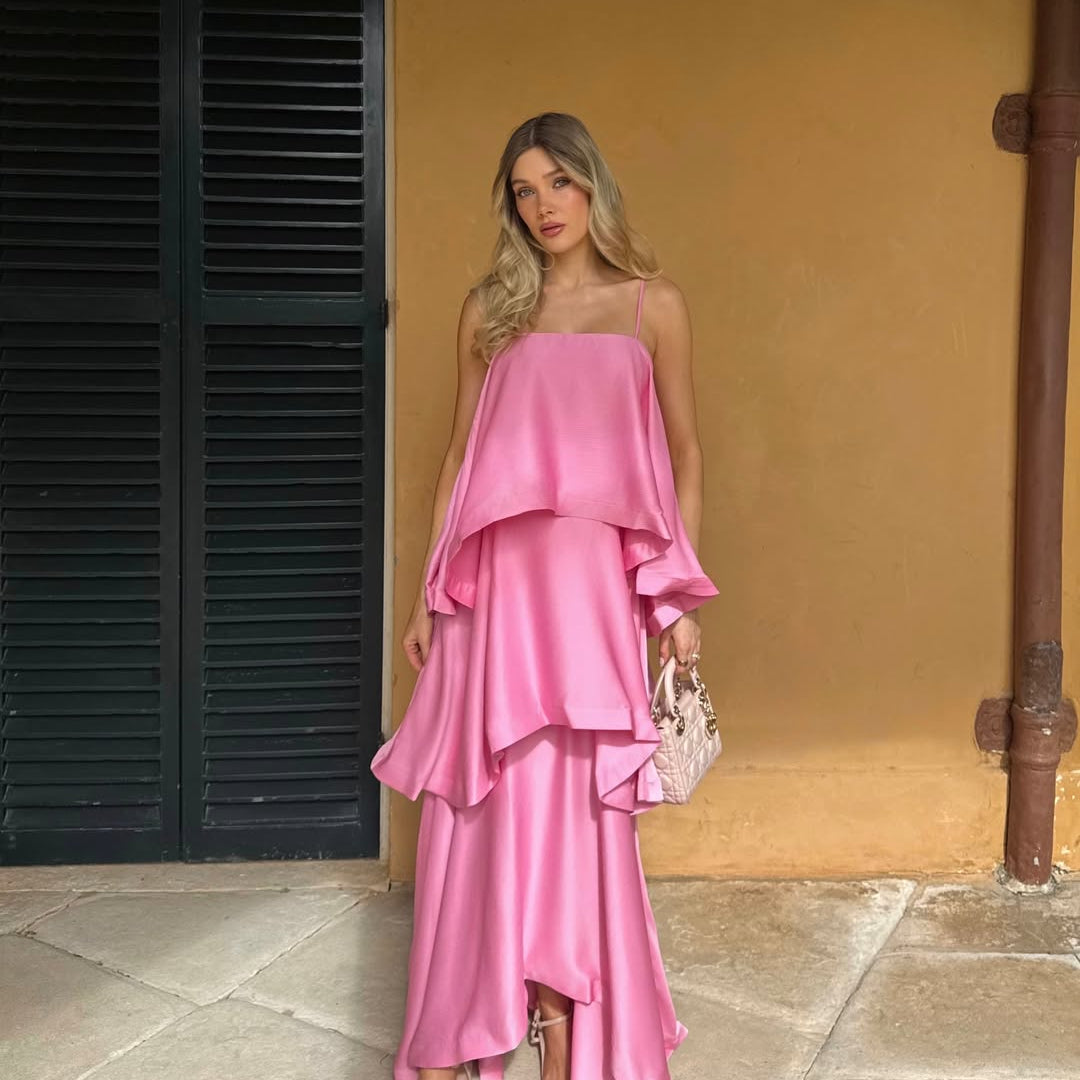 SOERA Margot Tiered Ruffle Satin Maxi Dress - Dress - SOERA-288579-PIN-S-51683 Pink S