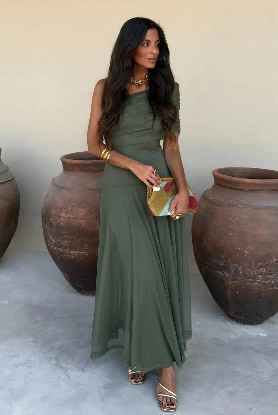 SOERA Sienna Off-Shoulder Ruched Maxi Dress - Dress - SOERA-616515-S-SAGE-04419 Sage S