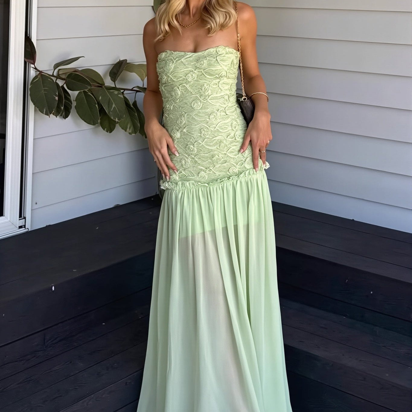 SOERA Victoria Strapless Floral Lace Maxi Dress - Dress - Sage Green XS