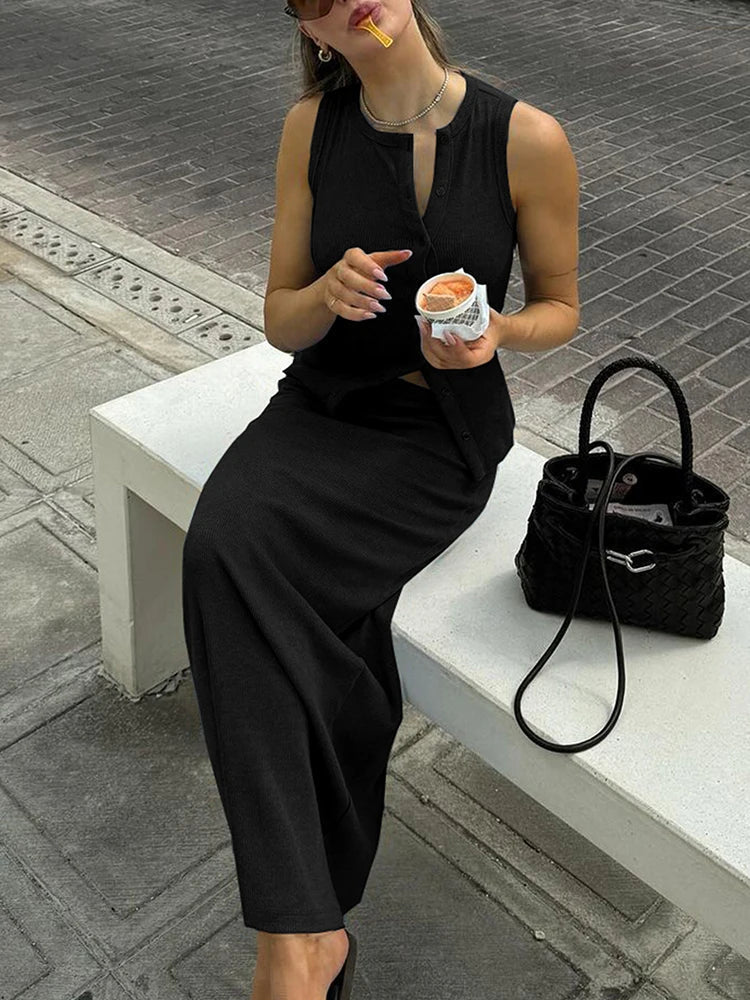 SOERA Beatrice Ribbed Single-Breasted Top & Maxi Skirt Set - Dresses - Blue XS