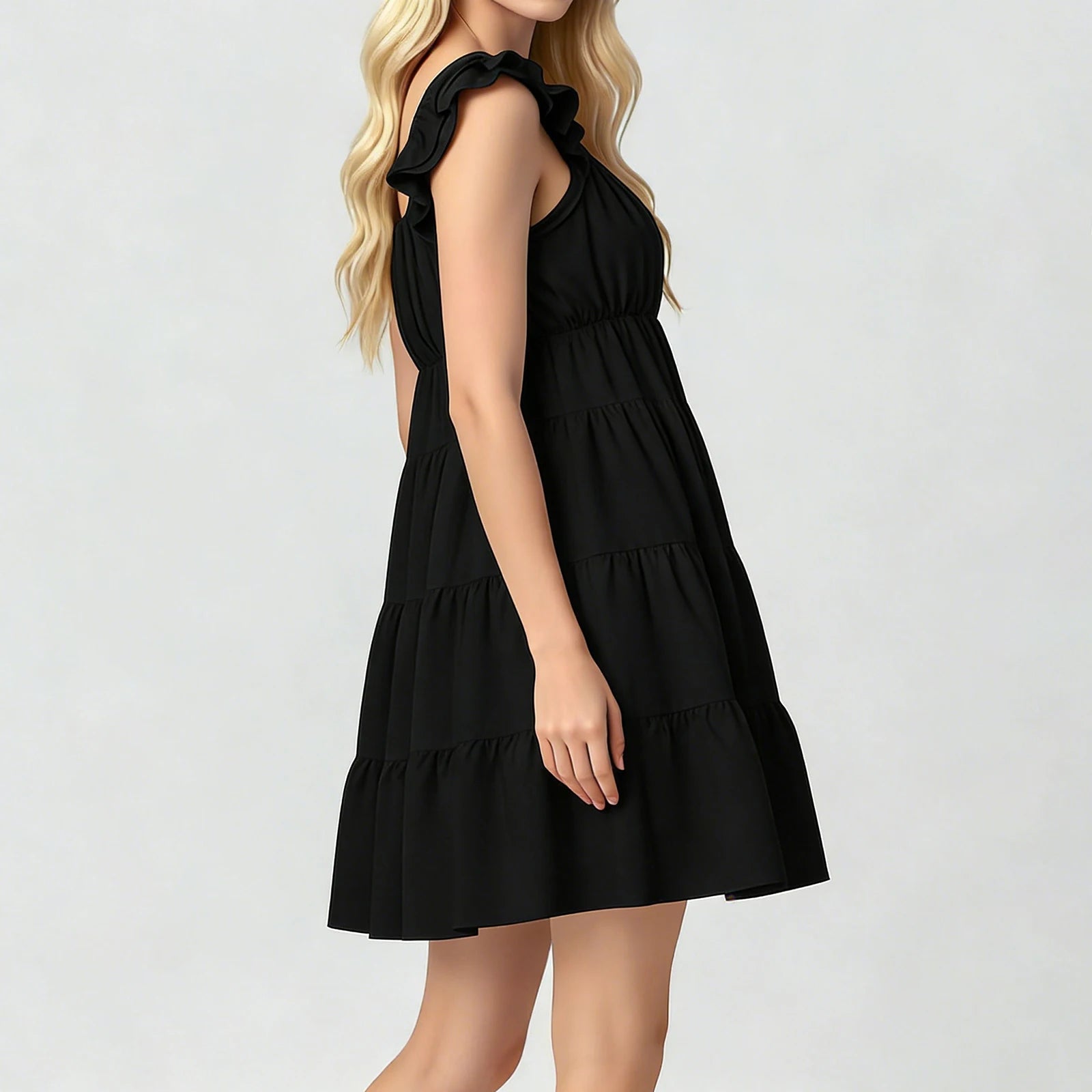 SOERA Eulalia Flutter Sleeve Tiered Mini Dress - Dresses - Black S