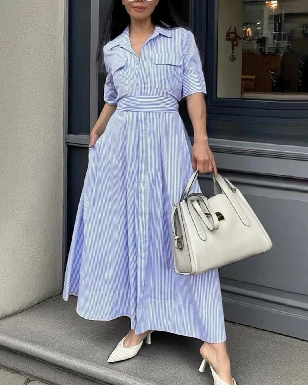 SOERA Katniss Striped Lace - Up Collar Maxi Dress - Dresses - Blue S