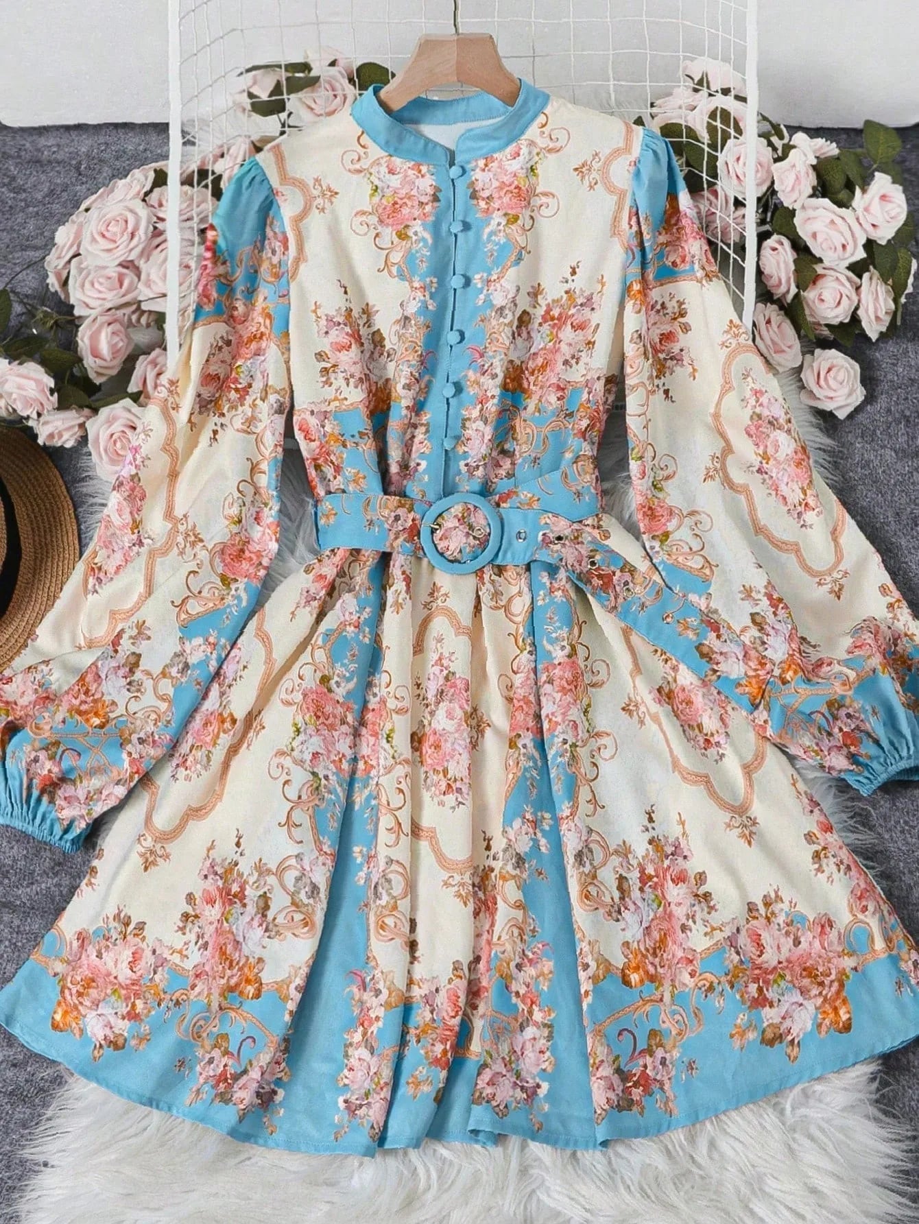 SOERA Petunia Belted Floral Midi Dress - Dresses - Blue S