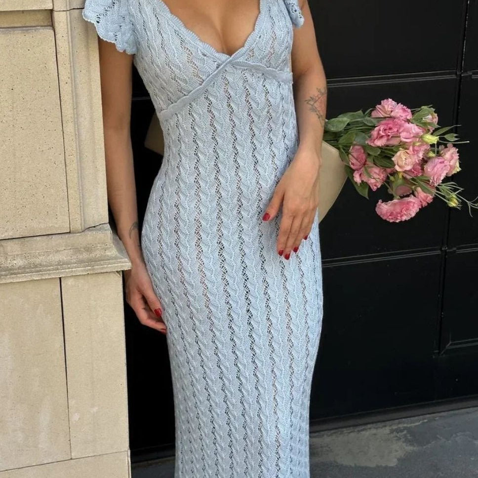 SOERA Roan Ruffle Knit Midi Dress - Dresses - BU1775573973367851879 Blue S