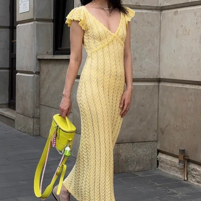 SOERA Roan Ruffle Knit Midi Dress - Dresses - Cz1775573973368211661 Yellow S