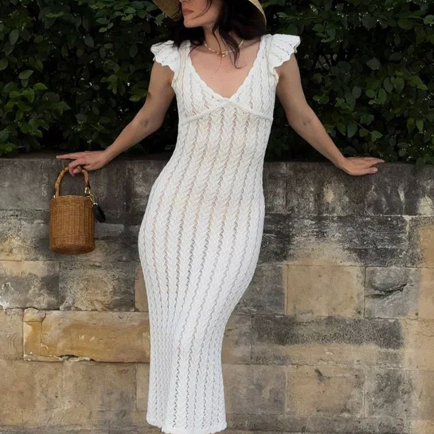 SOERA Roan Ruffle Knit Midi Dress - Dresses - gO1775573973368509047 White S