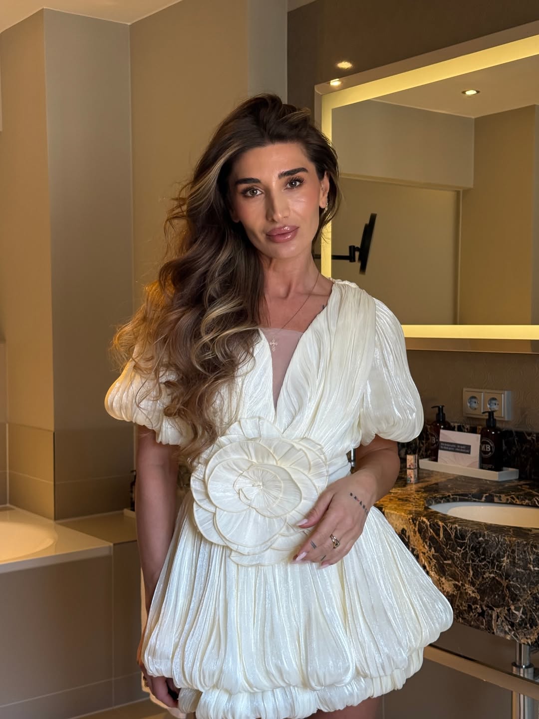 SOERA Rosette Puff Sleeve Bubble Hem Mini Dress - Dresses - Ivory S