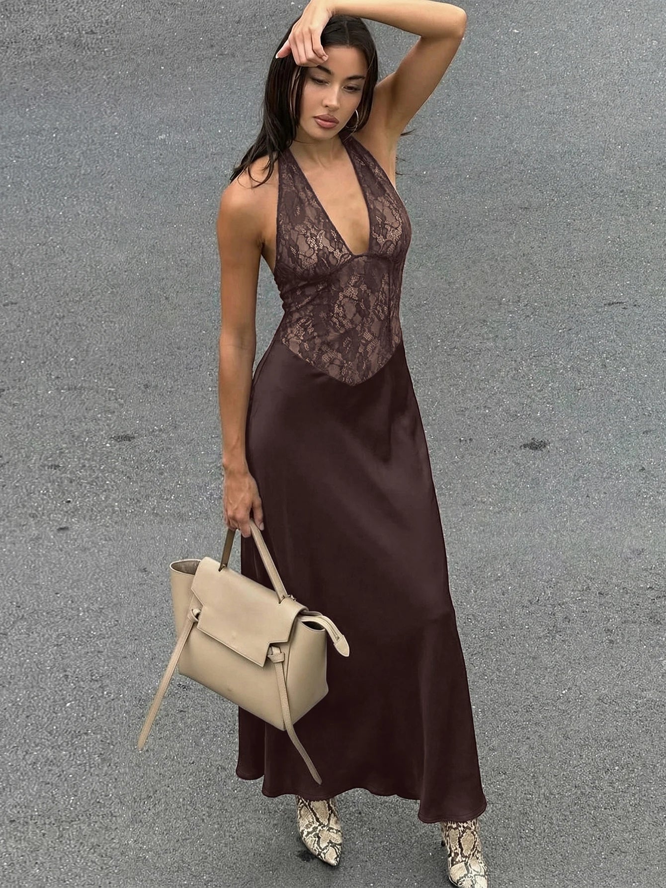 SOERA Serena Halter Backless Lace Patchwork Dress - Dresses - Black XS