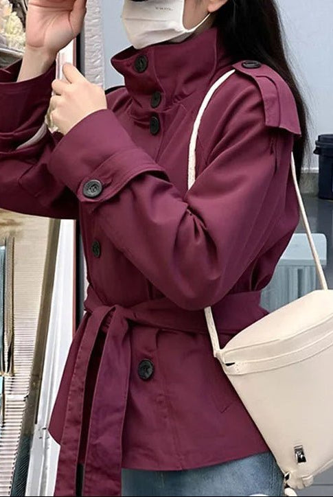 SOERA Kara Stand Collar Belted Crop Trenchcoat - Jackets - 1005009693239722-;dD1771494648611088341 Burgundy XS