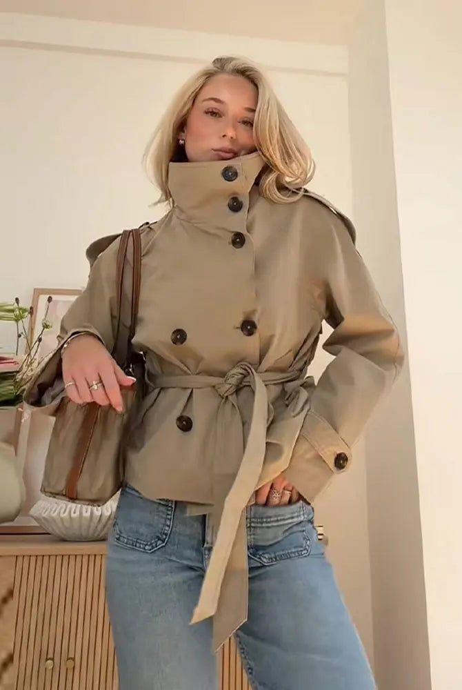 SOERA Kara Stand Collar Belted Crop Trenchcoat - Jackets - 1005009693239722-;SM1771494648620968832 Tan XS