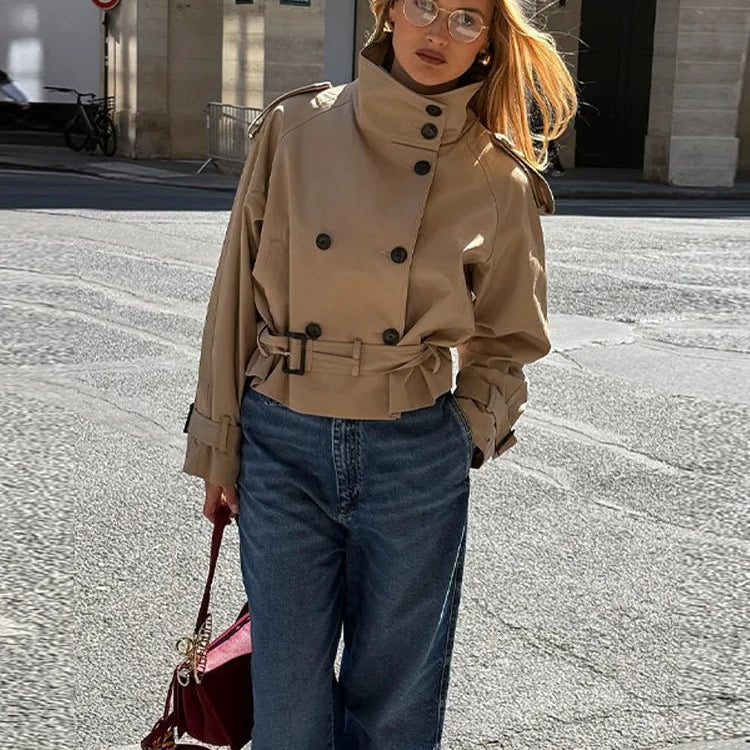 SOERA Kara Stand Collar Belted Crop Trenchcoat - Jackets - 1005009693239722-;SM1771494648620968832 Tan XS