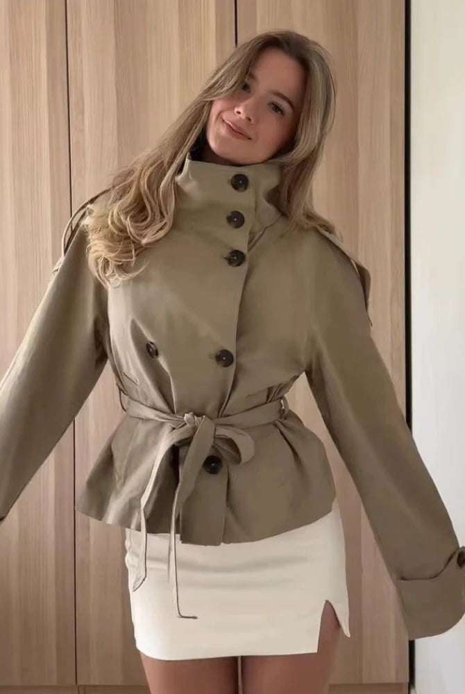 SOERA Kara Stand Collar Belted Crop Trenchcoat - Jackets - 1005009693239722-;SM1771494648620968832 Tan XS