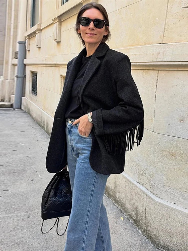 SOERA Marcelle Fringed Blazer Jacket - Jackets - 1005010340456789-;Jl1770053333910763124 Black M