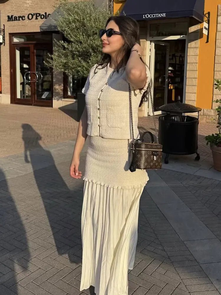 SOERA Beatrice Knitted Tank & Pleated Skirt Set - Matching Sets - Beige Set L