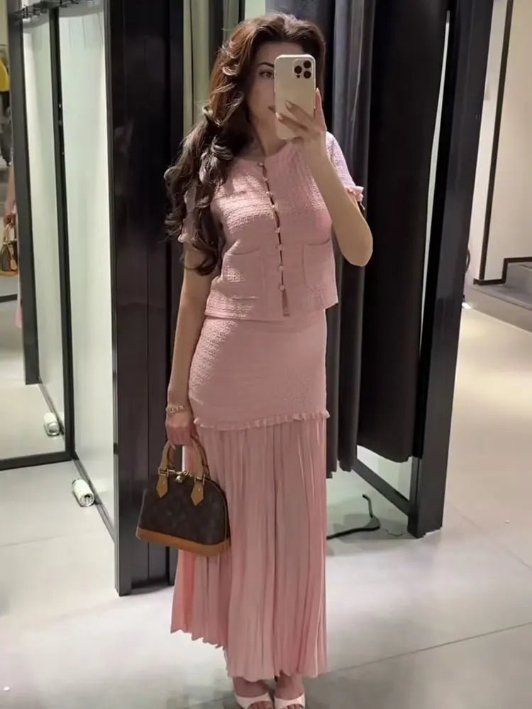 SOERA Beatrice Knitted Tank & Pleated Skirt Set - Matching Sets - Pink Top S
