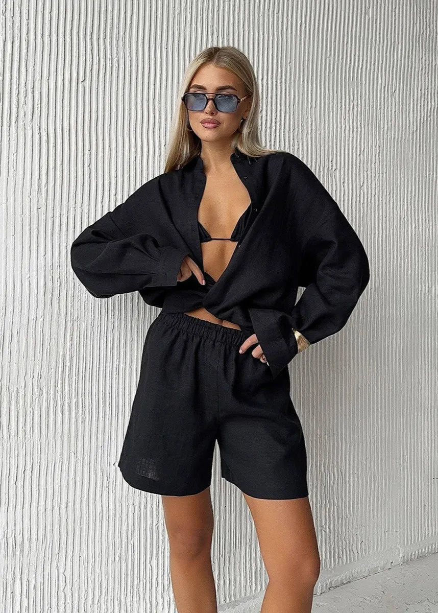 SOERA Camille White Linen Shirt and Shorts Set - Matching Sets - Black Set M