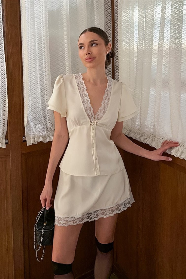 SOERA Celeste Satin Lace V - Neck Tie - Waist Skirt Set - Matching Sets - Beige M