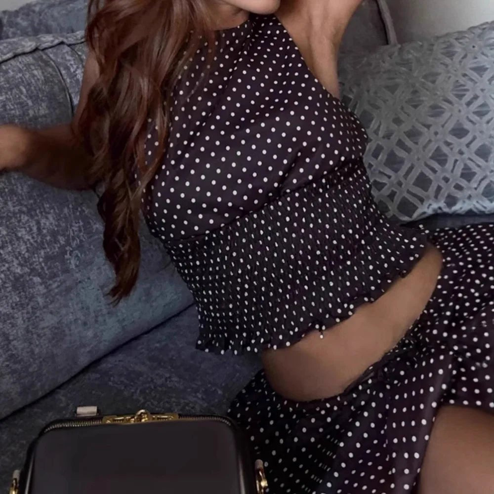 SOERA Enora Polka Dot Backless Top Lantern Skirt Set - Matching Sets - Brown L