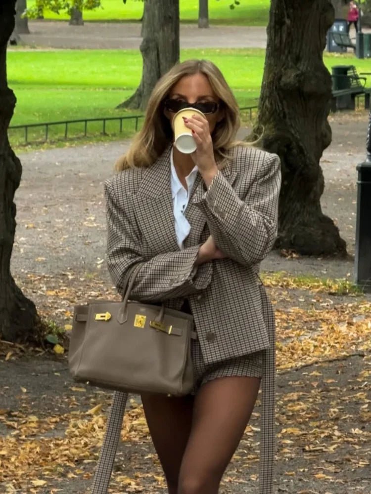 SOERA Lucy Houndstooth Belted Shorts Suit - Matching Sets - 1005010106269418-;UW1770303445138348552 Blazer L