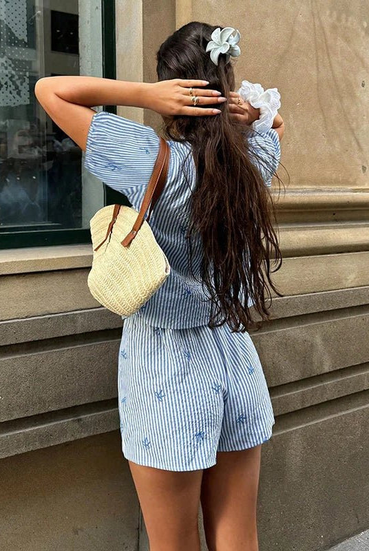 SOERA Sienna Striped Tie - front Two - Piece Short Set - Matching Sets - Blue Set S
