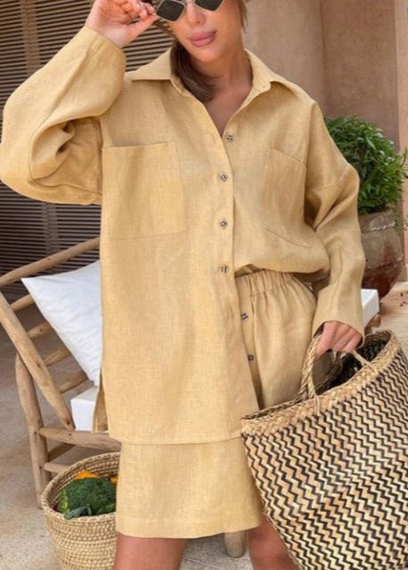 SOERA Sophia Linen Button - Down Shirt & High - Waist Shorts Set - Matching Sets - Brown M
