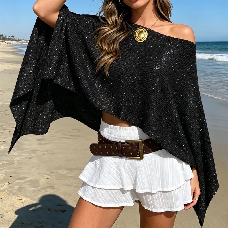 SOERA Bianca Shimmer Off - Shoulder Poncho Cape - Poncho - Black